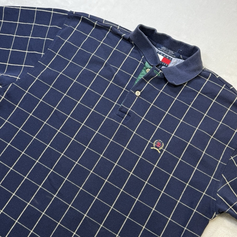 Vintage Tommy Hilfiger Windowpane Polo Shirt Mens Medium 90s Flag Logo